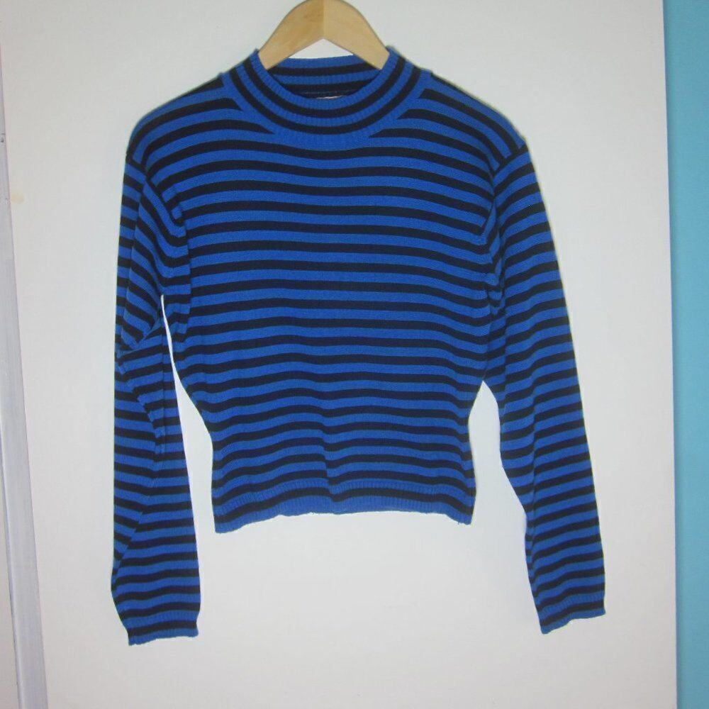 Gerard Works VINTAGE Womens Size M Blue Black Striped Pullover Fitted Sweater